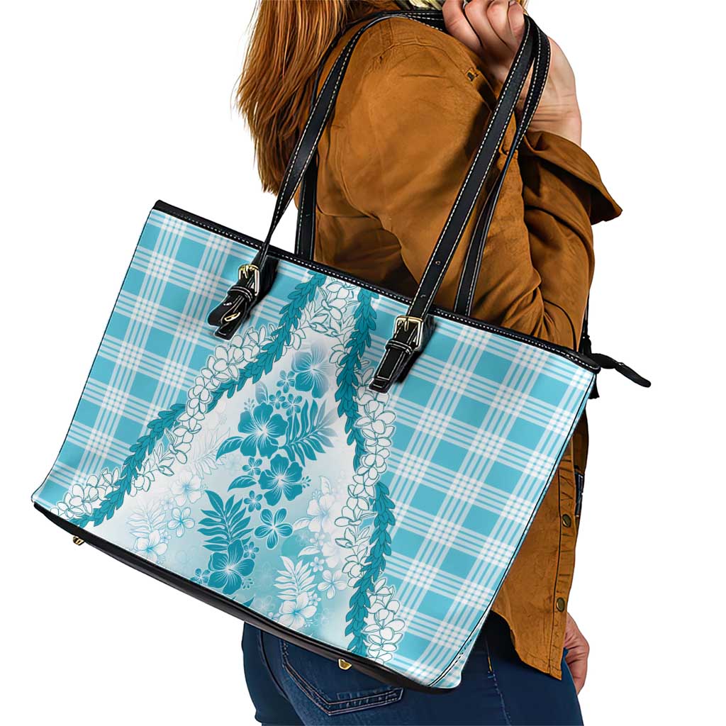 Aloha Hawaii Palaka Leather Tote Bag Blue Plumeria Lei - Polynesian Pride