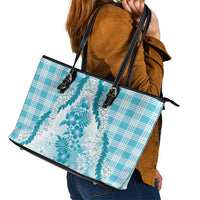 Aloha Hawaii Palaka Leather Tote Bag Blue Plumeria Lei - Polynesian Pride
