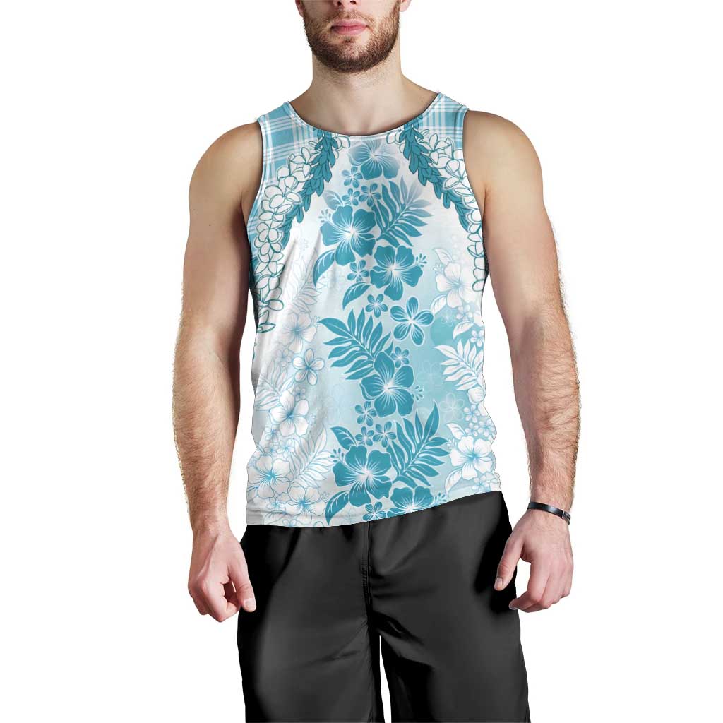 Aloha Hawaii Palaka Men Tank Top Blue Plumeria Lei - Polynesian Pride