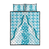 Aloha Hawaii Palaka Quilt Bed Set Blue Plumeria Lei - Polynesian Pride
