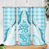 Aloha Hawaii Palaka Skinny Tumbler Blue Plumeria Lei - Polynesian Pride