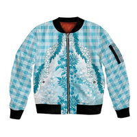 Aloha Hawaii Palaka Sleeve Zip Bomber Jacket Blue Plumeria Lei - Polynesian Pride