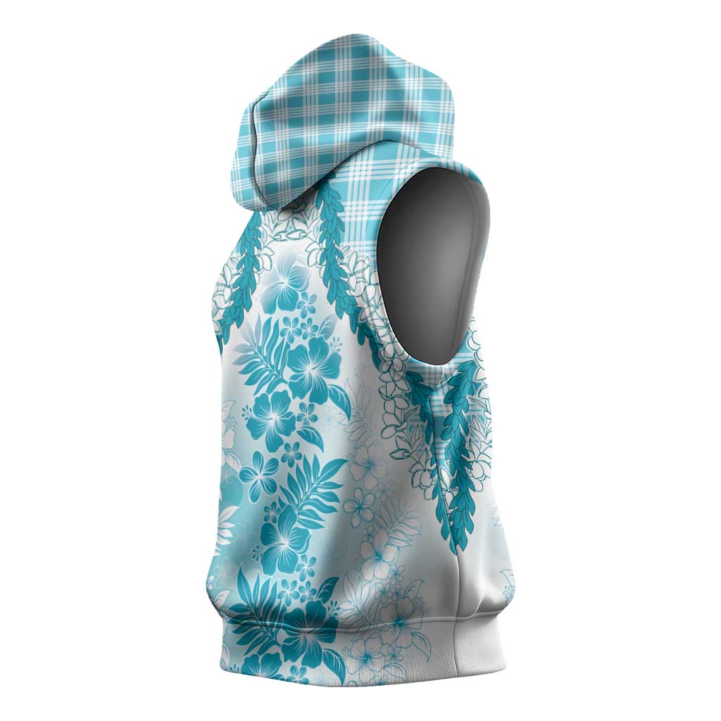 Aloha Hawaii Palaka Sleeveless Hoodie Blue Plumeria Lei - Polynesian Pride
