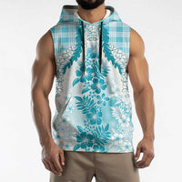 Aloha Hawaii Palaka Sleeveless Hoodie Blue Plumeria Lei - Polynesian Pride