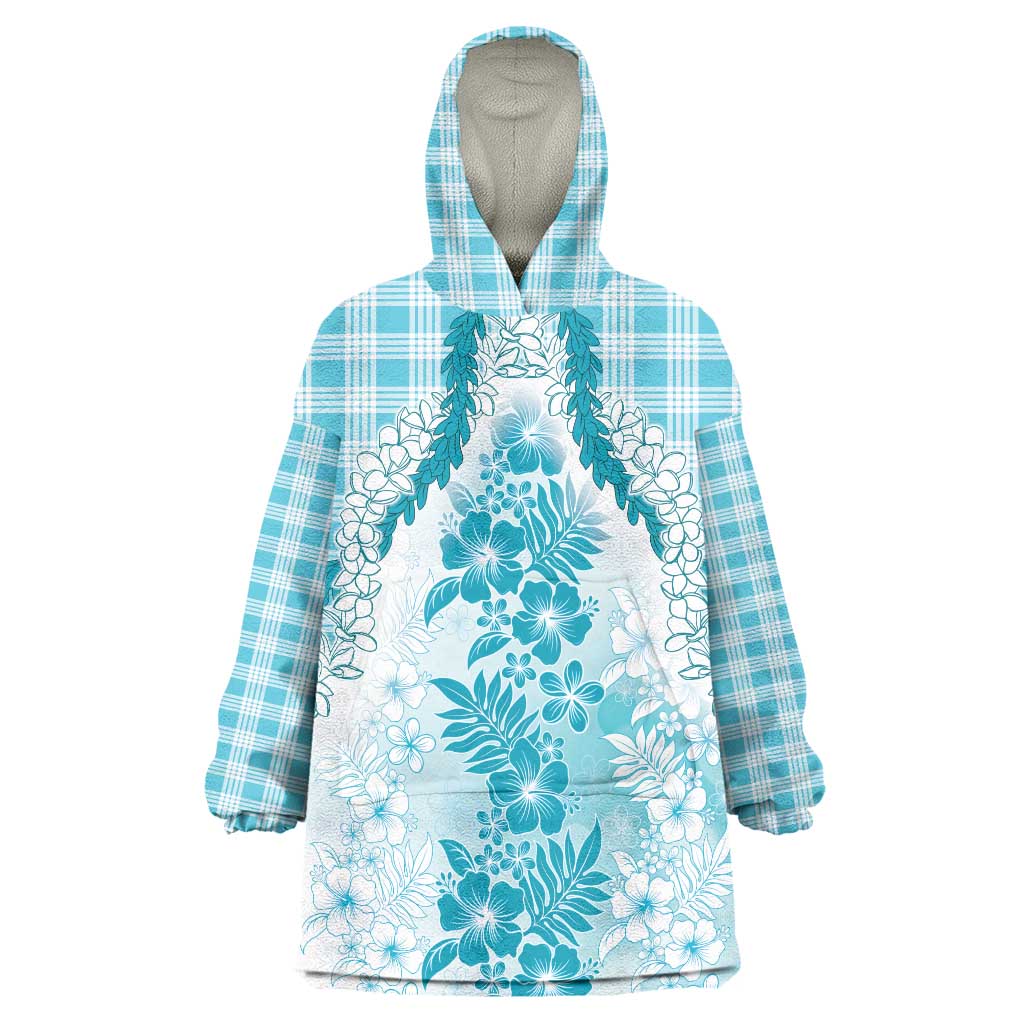 Aloha Hawaii Palaka Wearable Blanket Hoodie Blue Plumeria Lei - Polynesian Pride
