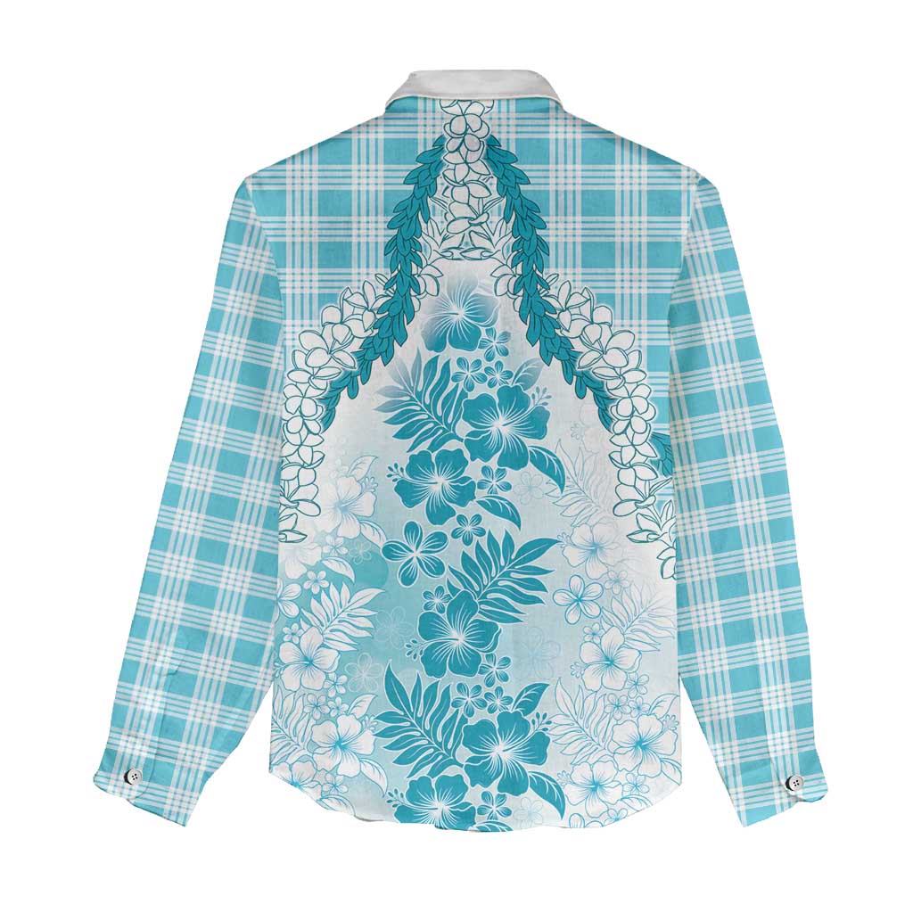 Aloha Hawaii Palaka Women Casual Shirt Blue Plumeria Lei - Polynesian Pride