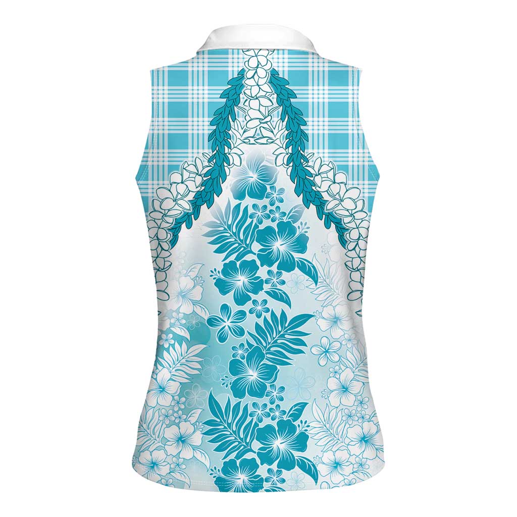 Aloha Hawaii Palaka Women Sleeveless Polo Shirt Blue Plumeria Lei - Polynesian Pride