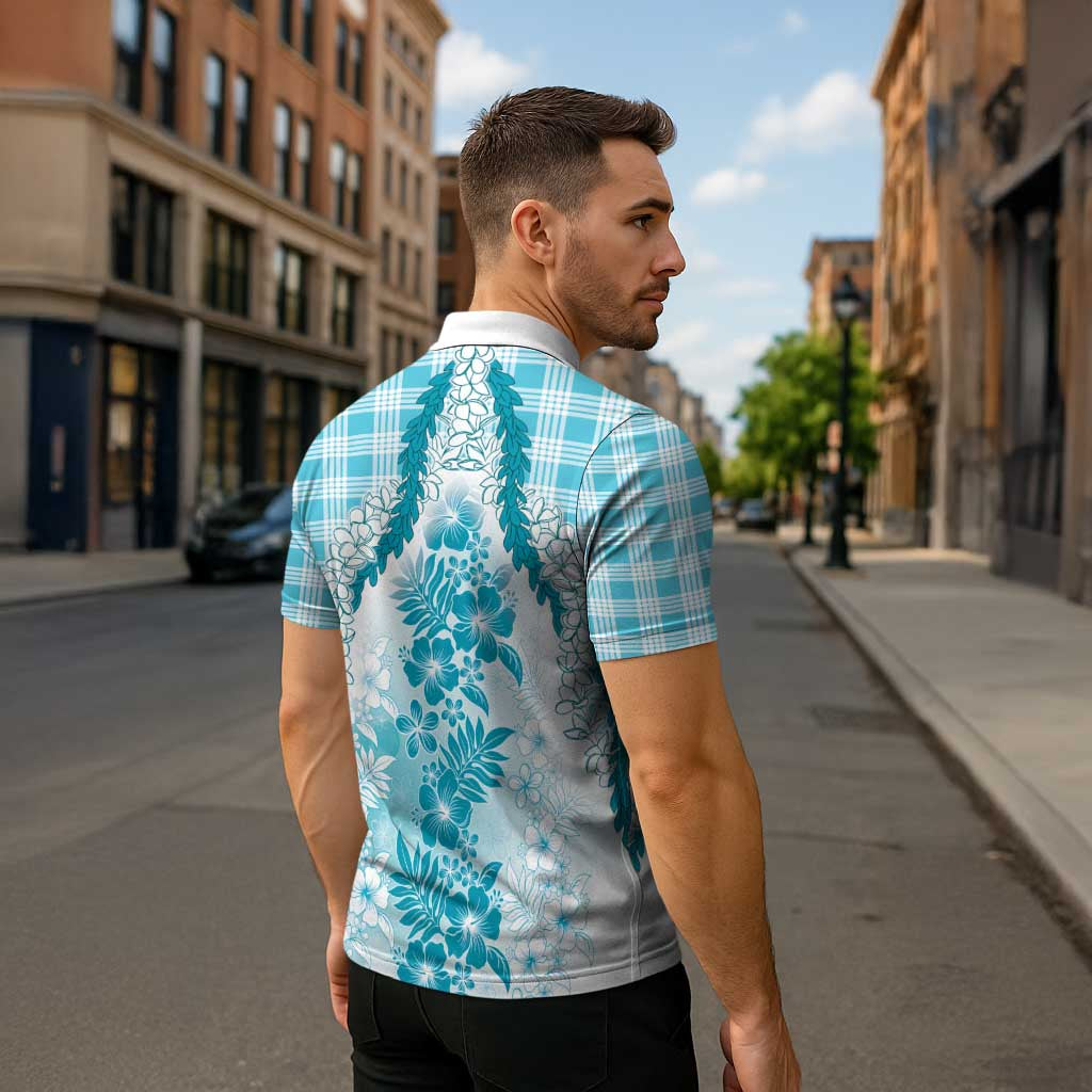 Aloha Hawaii Palaka Zipper Polo Shirt Blue Plumeria Lei - Polynesian Pride