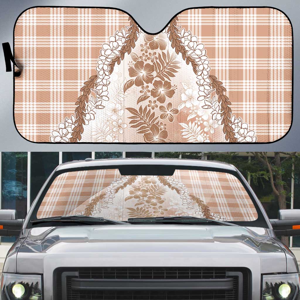 Aloha Hawaii Palaka Auto Sun Shade Beige Plumeria Lei - Polynesian Pride