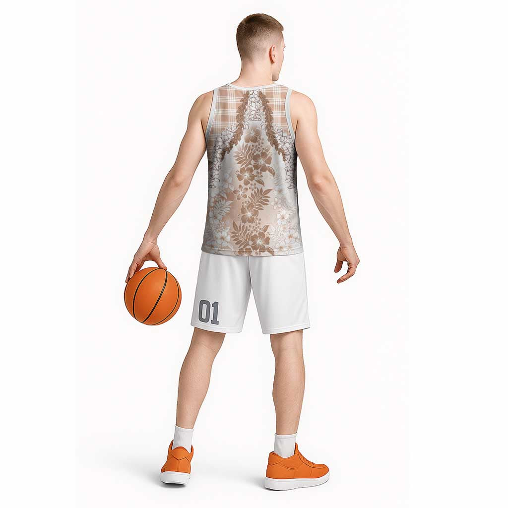 Aloha Hawaii Palaka Basketball Jersey Beige Plumeria Lei - Polynesian Pride