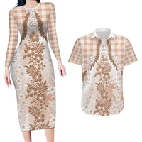 Aloha Hawaii Palaka Couples Matching Long Sleeve Bodycon Dress and Hawaiian Shirt Beige Plumeria Lei - Polynesian Pride