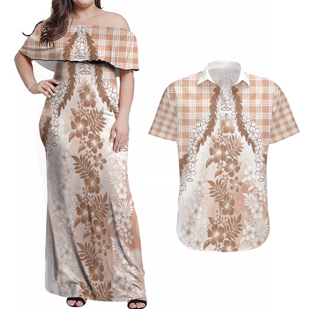 Aloha Hawaii Palaka Couples Matching Off Shoulder Maxi Dress and Hawaiian Shirt Beige Plumeria Lei - Polynesian Pride