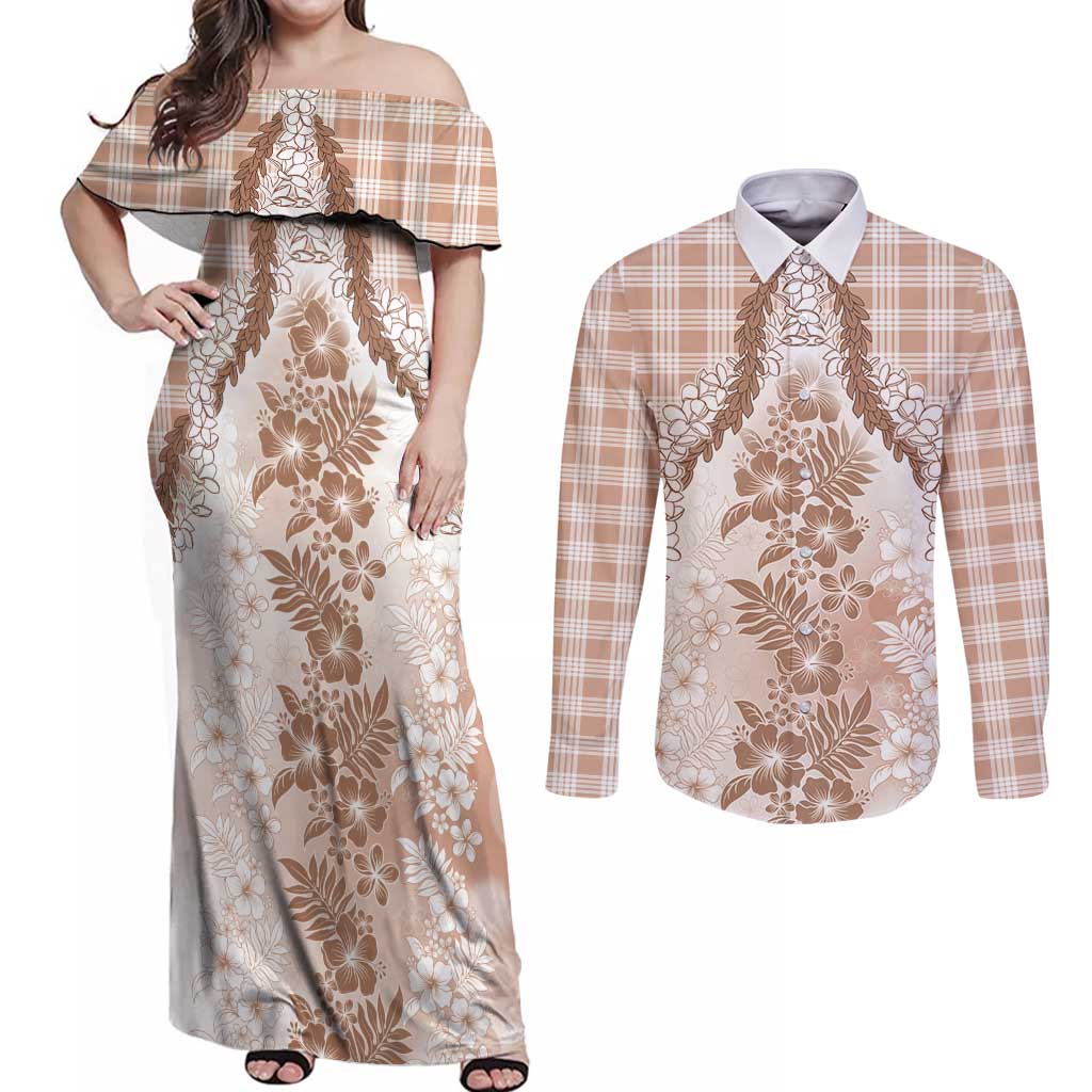 Aloha Hawaii Palaka Couples Matching Off Shoulder Maxi Dress and Long Sleeve Button Shirt Beige Plumeria Lei - Polynesian Pride