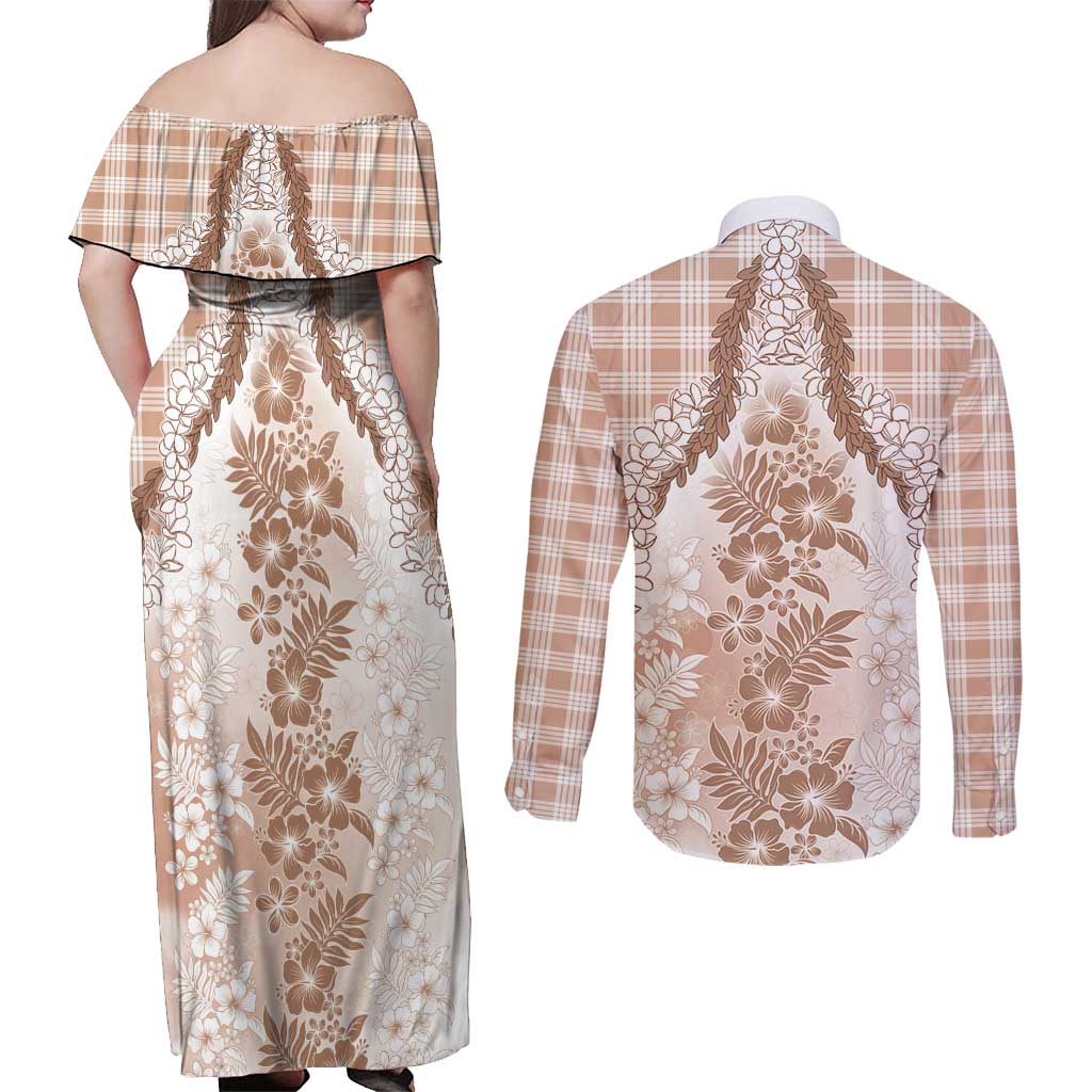 Aloha Hawaii Palaka Couples Matching Off Shoulder Maxi Dress and Long Sleeve Button Shirt Beige Plumeria Lei - Polynesian Pride