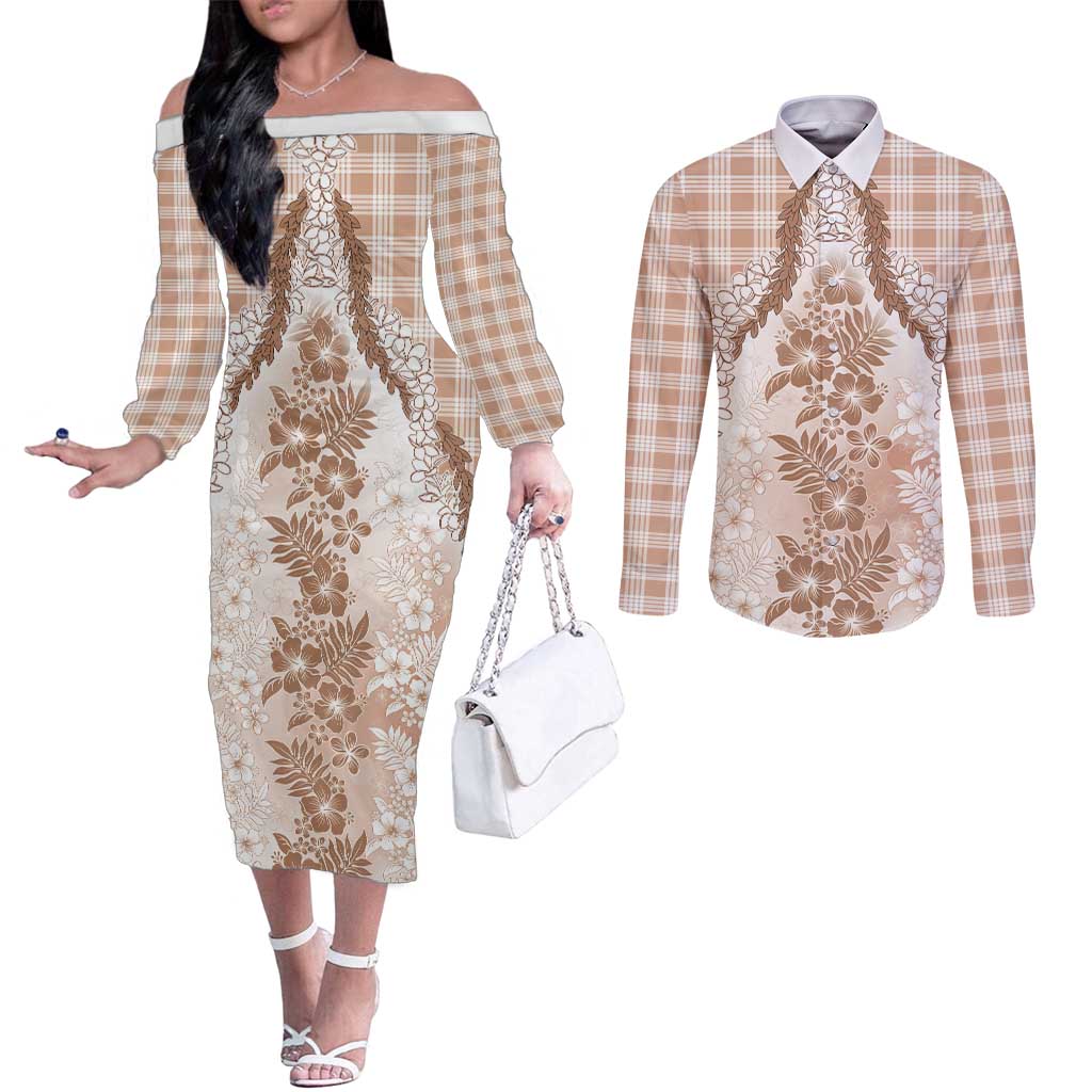 Aloha Hawaii Palaka Couples Matching Off The Shoulder Long Sleeve Dress and Long Sleeve Button Shirt Beige Plumeria Lei - Polynesian Pride