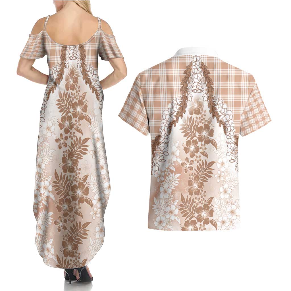 Aloha Hawaii Palaka Couples Matching Summer Maxi Dress and Hawaiian Shirt Beige Plumeria Lei - Polynesian Pride