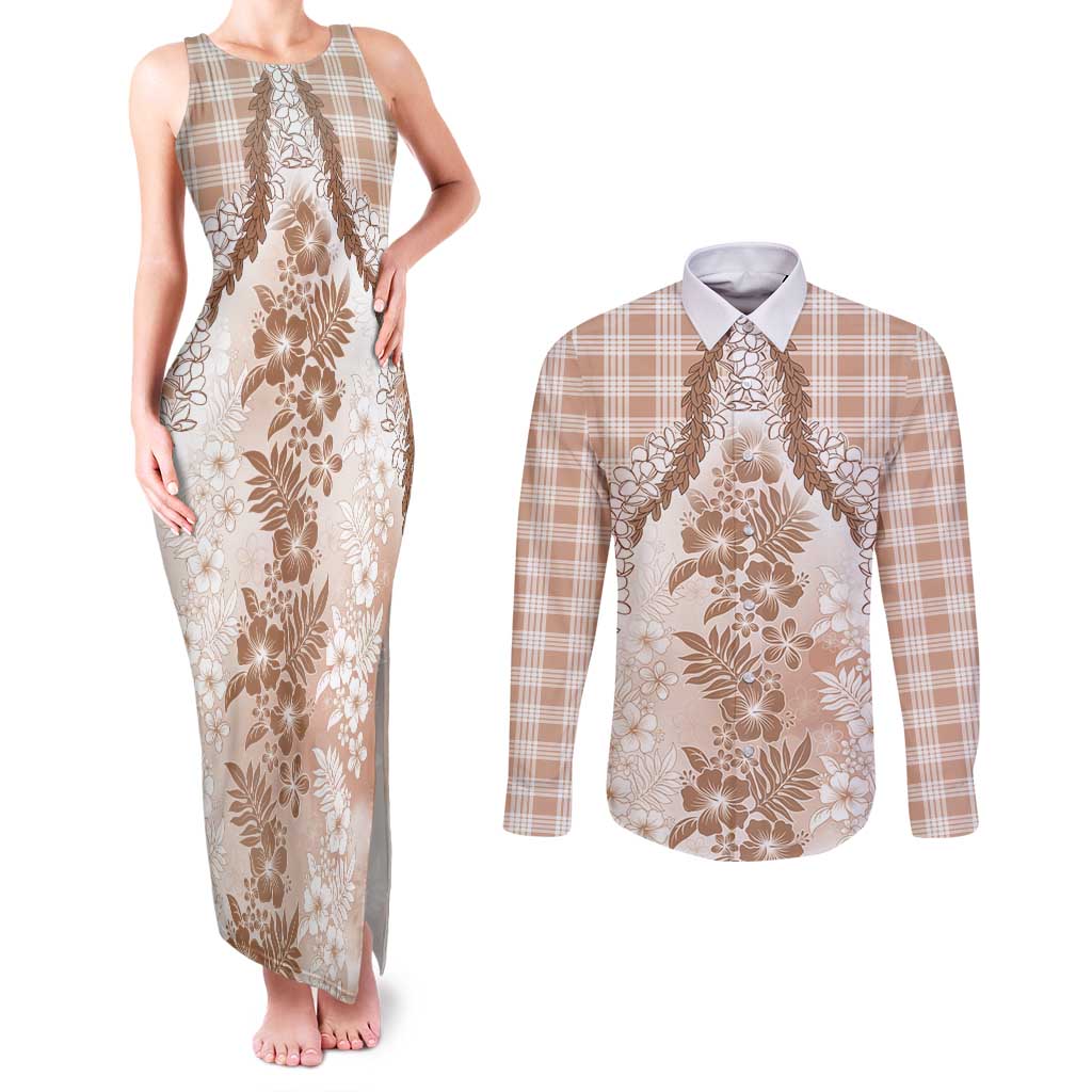 Aloha Hawaii Palaka Couples Matching Tank Maxi Dress and Long Sleeve Button Shirt Beige Plumeria Lei - Polynesian Pride