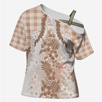 Aloha Hawaii Palaka Cross Shoulder Shirt Beige Plumeria Lei - Polynesian Pride