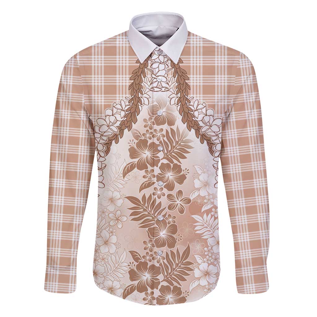 Aloha Hawaii Palaka Family Matching Long Sleeve Bodycon Dress and Hawaiian Shirt Beige Plumeria Lei - Polynesian Pride