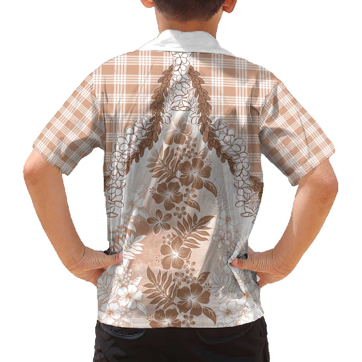 Aloha Hawaii Palaka Family Matching Off The Shoulder Long Sleeve Dress and Hawaiian Shirt Beige Plumeria Lei - Polynesian Pride