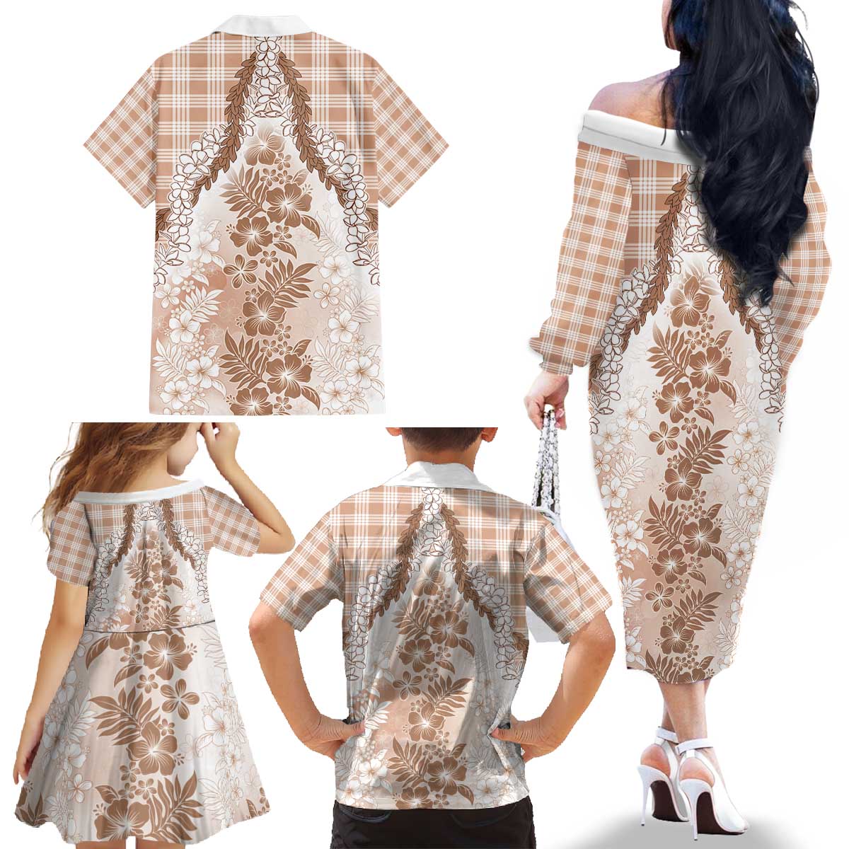Aloha Hawaii Palaka Family Matching Off The Shoulder Long Sleeve Dress and Hawaiian Shirt Beige Plumeria Lei - Polynesian Pride