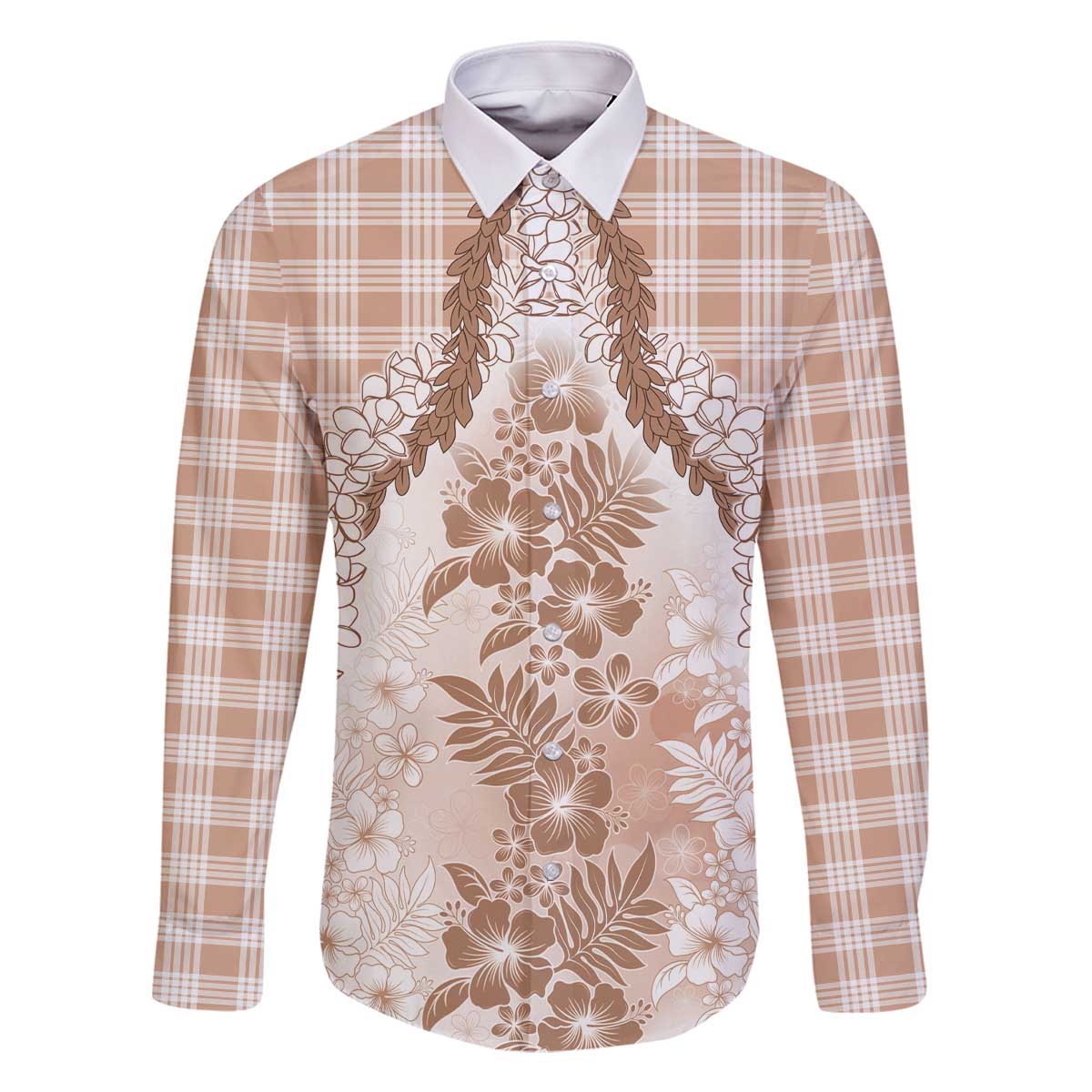 Aloha Hawaii Palaka Family Matching Off The Shoulder Long Sleeve Dress and Hawaiian Shirt Beige Plumeria Lei - Polynesian Pride