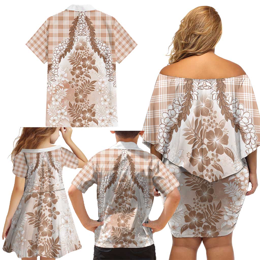 Aloha Hawaii Palaka Family Matching Off Shoulder Short Dress and Hawaiian Shirt Beige Plumeria Lei - Polynesian Pride