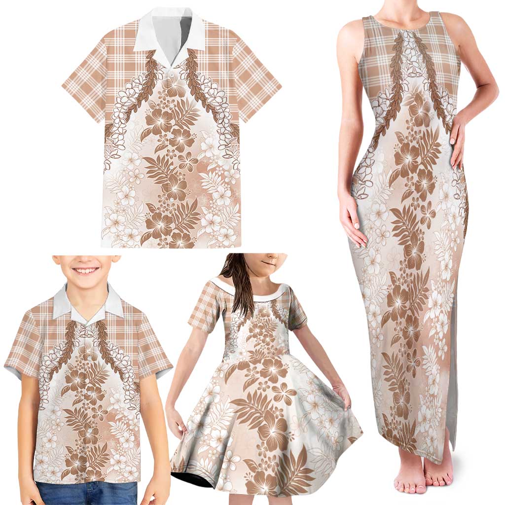 Aloha Hawaii Palaka Family Matching Tank Maxi Dress and Hawaiian Shirt Beige Plumeria Lei LT05 - Polynesian Pride