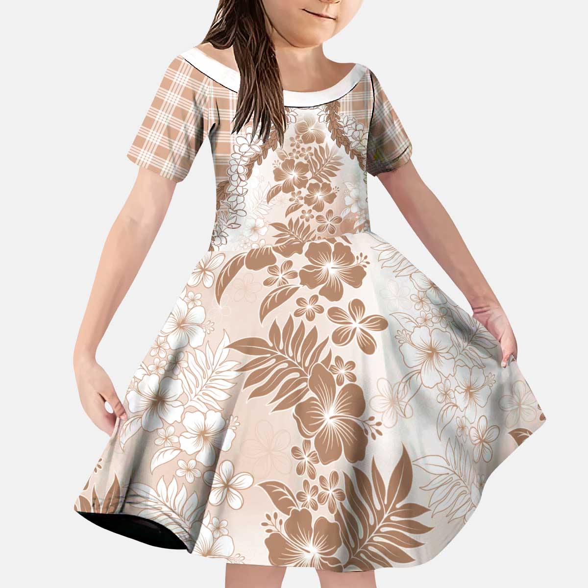 Aloha Hawaii Palaka Kid Short Sleeve Dress Beige Plumeria Lei - Polynesian Pride