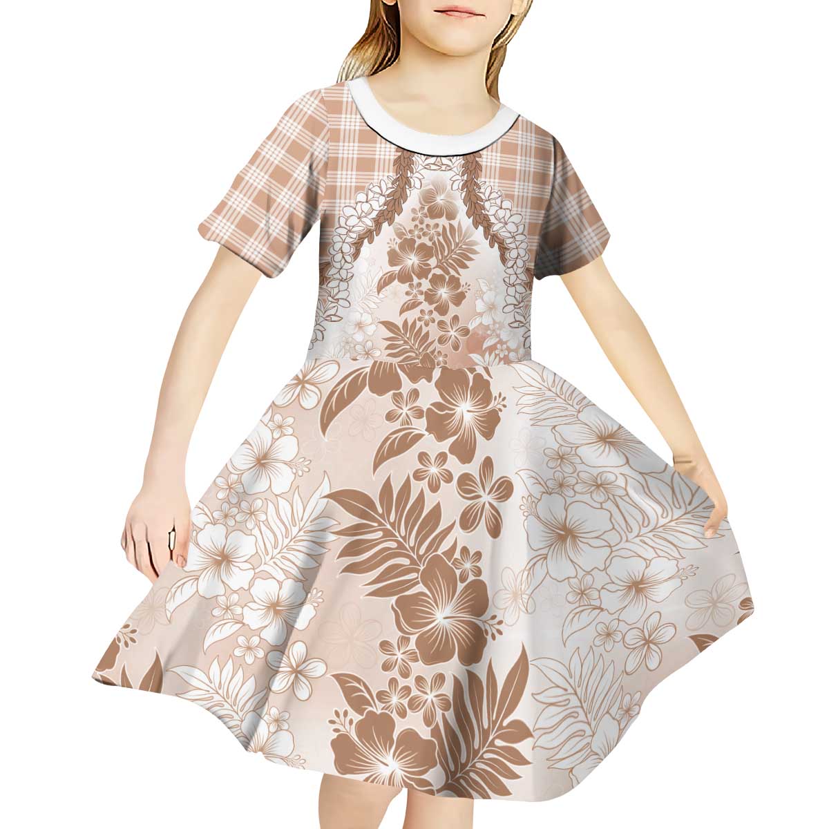 Aloha Hawaii Palaka Kid Short Sleeve Dress Beige Plumeria Lei - Polynesian Pride