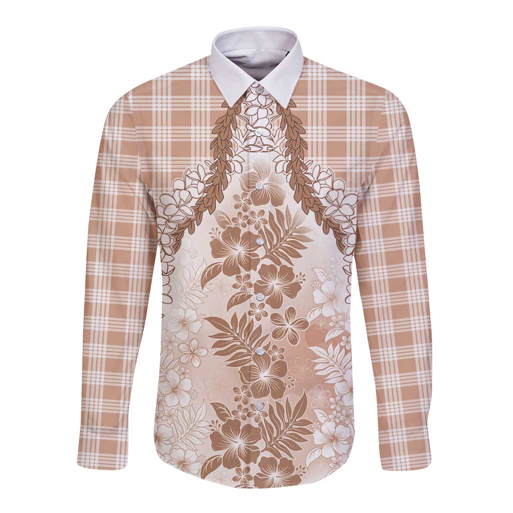 Aloha Hawaii Palaka Long Sleeve Button Shirt Beige Plumeria Lei - Polynesian Pride