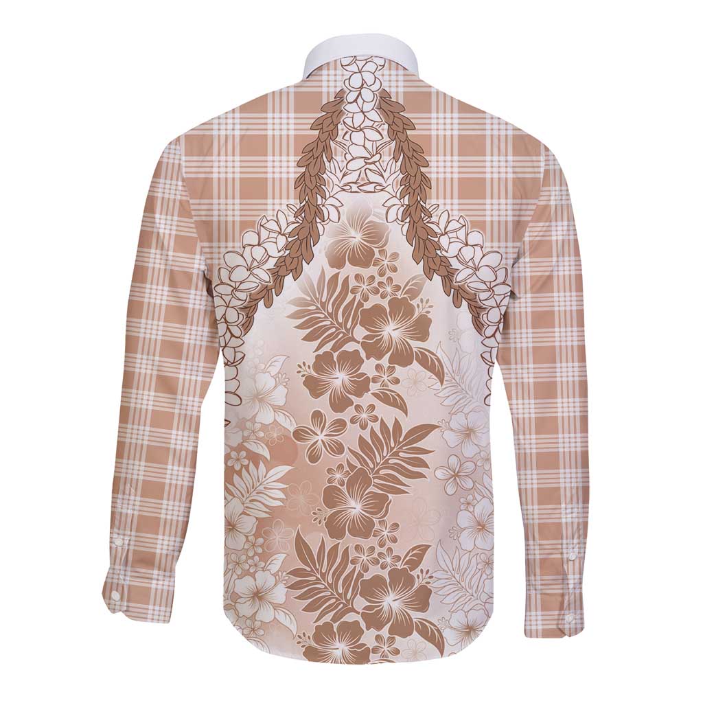 Aloha Hawaii Palaka Long Sleeve Button Shirt Beige Plumeria Lei - Polynesian Pride