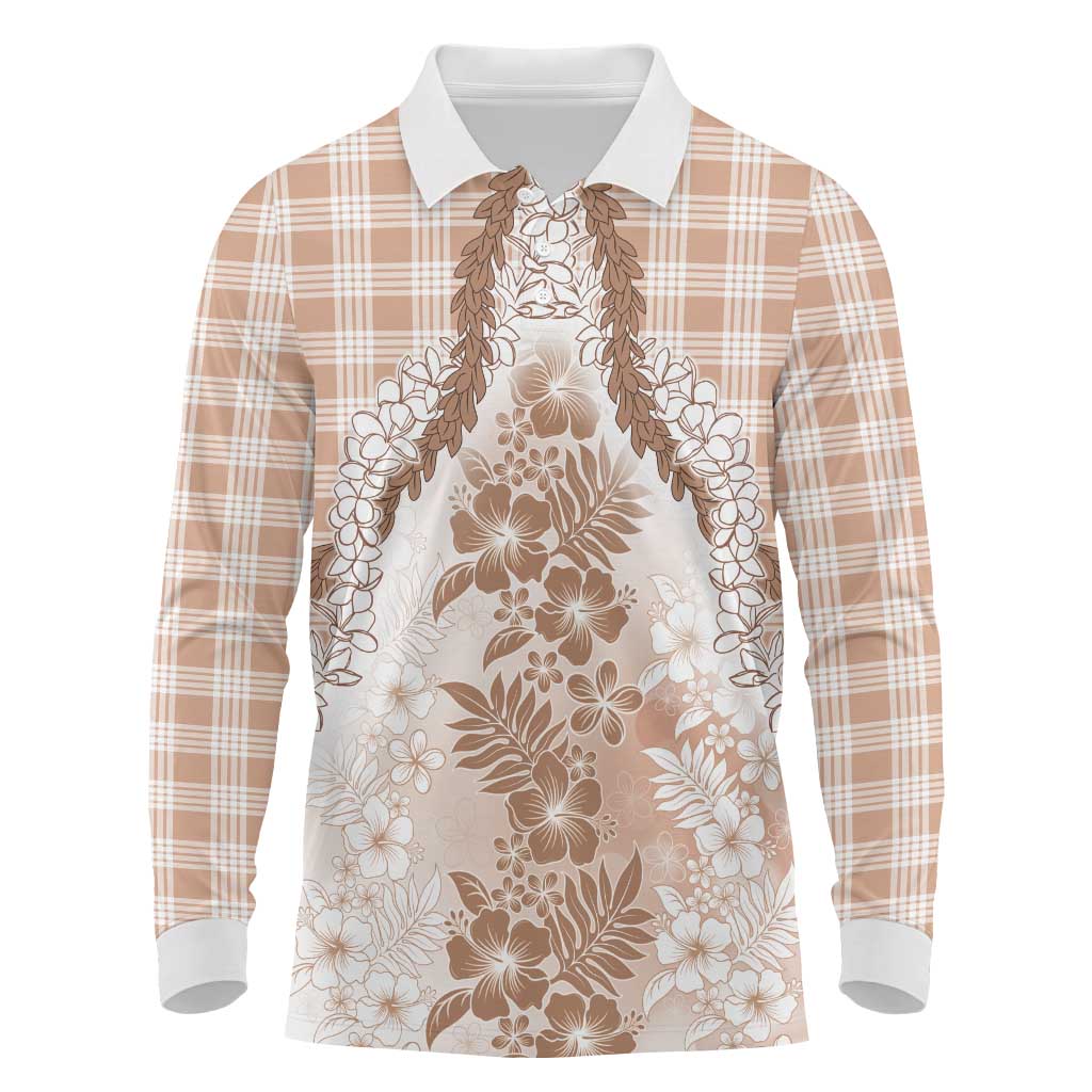 Aloha Hawaii Palaka Long Sleeve Polo Shirt Beige Plumeria Lei - Polynesian Pride