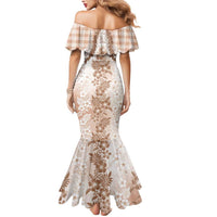 Aloha Hawaii Palaka Mermaid Dress Beige Plumeria Lei - Polynesian Pride