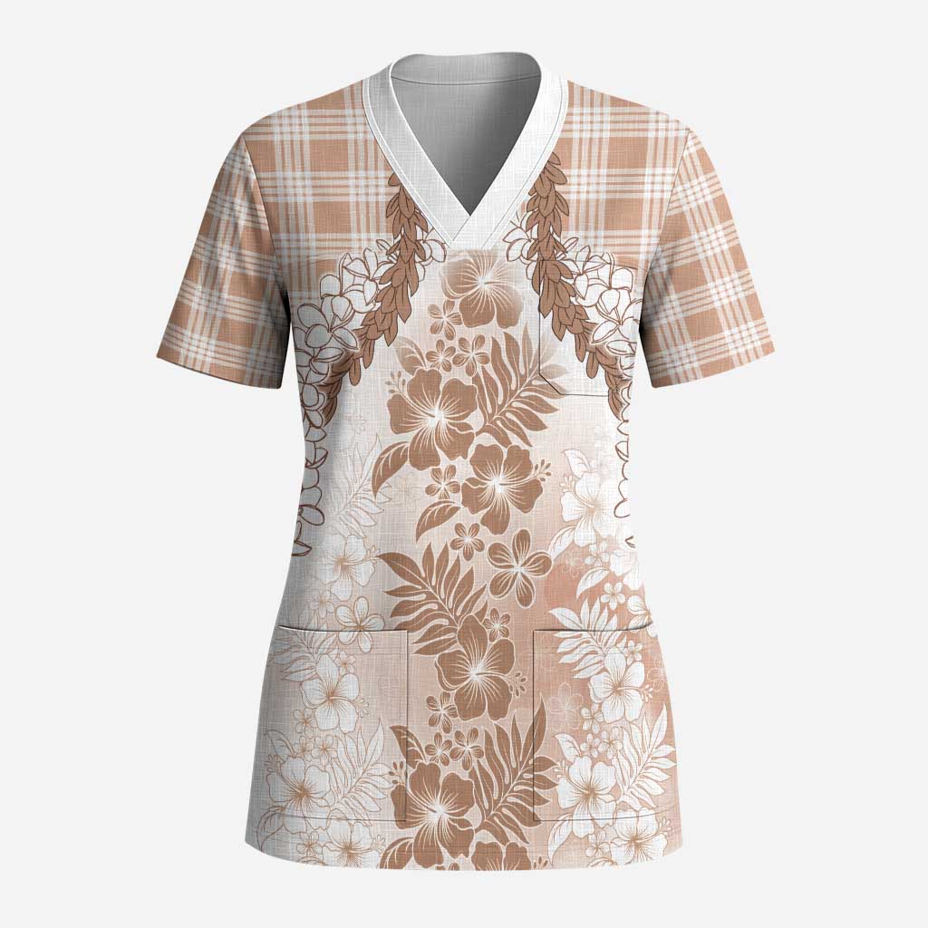 Aloha Hawaii Palaka Scrub Top Beige Plumeria Lei - Polynesian Pride