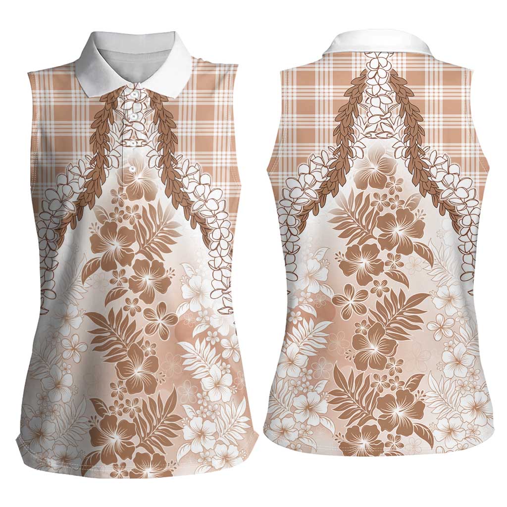 Aloha Hawaii Palaka Women Sleeveless Polo Shirt Beige Plumeria Lei - Polynesian Pride