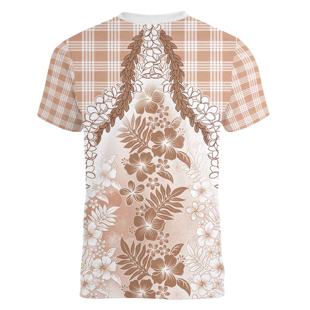 Aloha Hawaii Palaka Women V-Neck T-Shirt Beige Plumeria Lei - Polynesian Pride