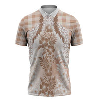 Aloha Hawaii Palaka Zipper Polo Shirt Beige Plumeria Lei - Polynesian Pride