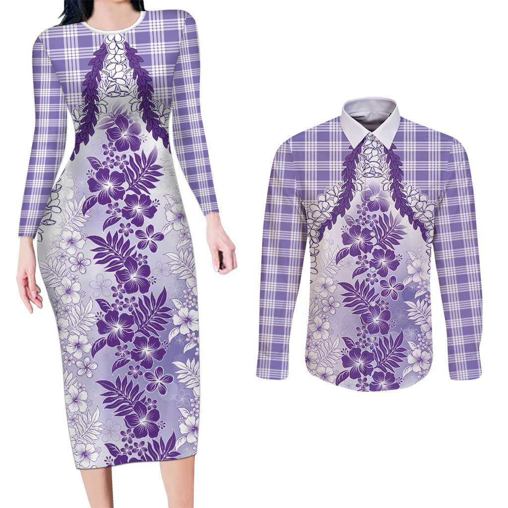 Aloha Hawaii Palaka Couples Matching Long Sleeve Bodycon Dress and Long Sleeve Button Shirt Purple Plumeria Lei - Polynesian Pride