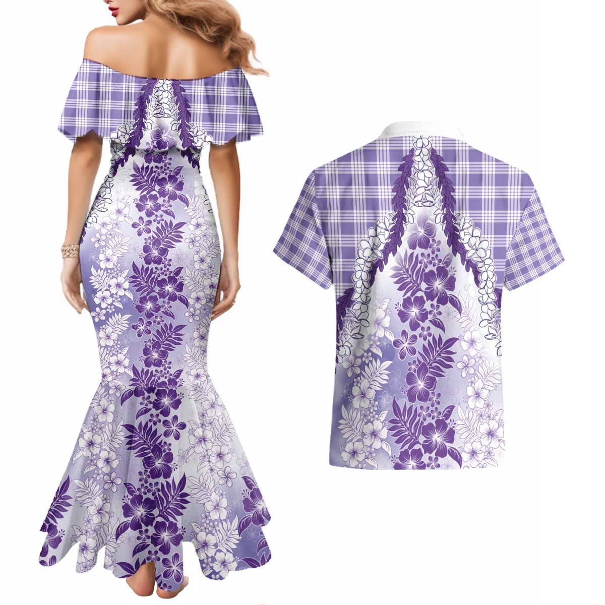Aloha Hawaii Palaka Couples Matching Mermaid Dress and Hawaiian Shirt Purple Plumeria Lei - Polynesian Pride
