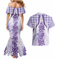 Aloha Hawaii Palaka Couples Matching Mermaid Dress and Hawaiian Shirt Purple Plumeria Lei - Polynesian Pride