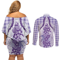 Aloha Hawaii Palaka Couples Matching Off Shoulder Short Dress and Long Sleeve Button Shirt Purple Plumeria Lei - Polynesian Pride
