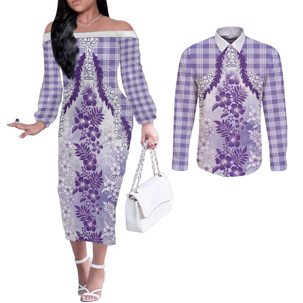 Aloha Hawaii Palaka Couples Matching Off The Shoulder Long Sleeve Dress and Long Sleeve Button Shirt Purple Plumeria Lei - Polynesian Pride