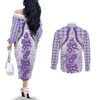 Aloha Hawaii Palaka Couples Matching Off The Shoulder Long Sleeve Dress and Long Sleeve Button Shirt Purple Plumeria Lei - Polynesian Pride