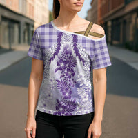 Aloha Hawaii Palaka Cross Shoulder Shirt Purple Plumeria Lei - Polynesian Pride