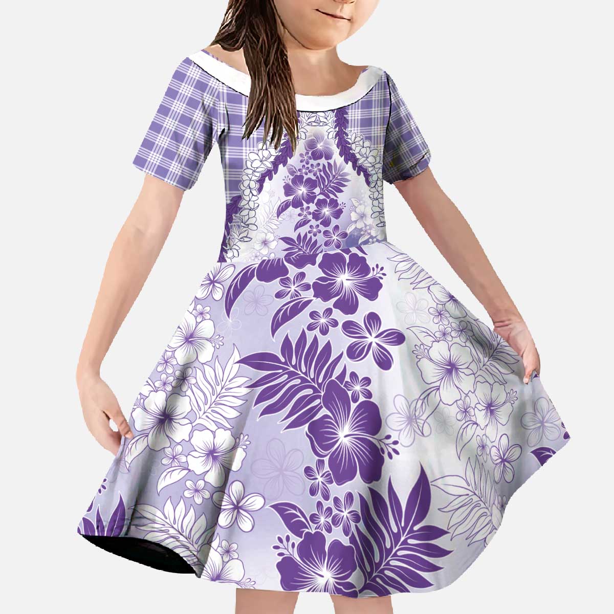 Aloha Hawaii Palaka Family Matching Off The Shoulder Long Sleeve Dress and Hawaiian Shirt Purple Plumeria Lei - Polynesian Pride