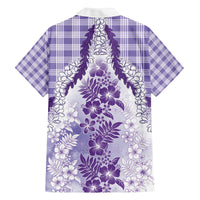 Aloha Hawaii Palaka Family Matching Off The Shoulder Long Sleeve Dress and Hawaiian Shirt Purple Plumeria Lei - Polynesian Pride
