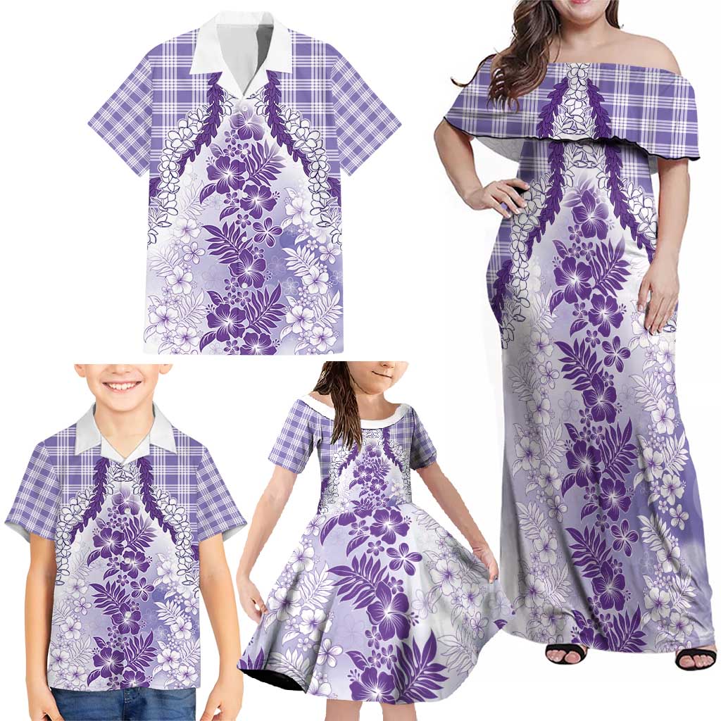 Aloha Hawaii Palaka Family Matching Off Shoulder Maxi Dress and Hawaiian Shirt Purple Plumeria Lei - Polynesian Pride