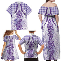 Aloha Hawaii Palaka Family Matching Off Shoulder Maxi Dress and Hawaiian Shirt Purple Plumeria Lei - Polynesian Pride