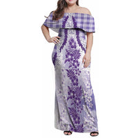 Aloha Hawaii Palaka Family Matching Off Shoulder Maxi Dress and Hawaiian Shirt Purple Plumeria Lei - Polynesian Pride